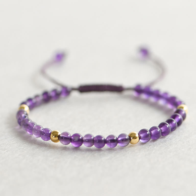 Buddhist Blessing 4mm Handmade Natural Amethyst 14k Gold Plated Copper Beads Braided String Relieves Stress Bracelet