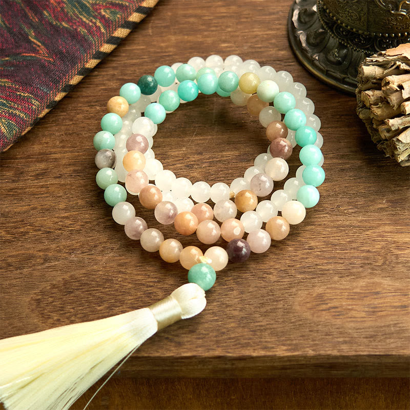 Buddhist Blessing 108 Mala Beads Natural White Jade Amazonite White Tassel Healing Bracelet
