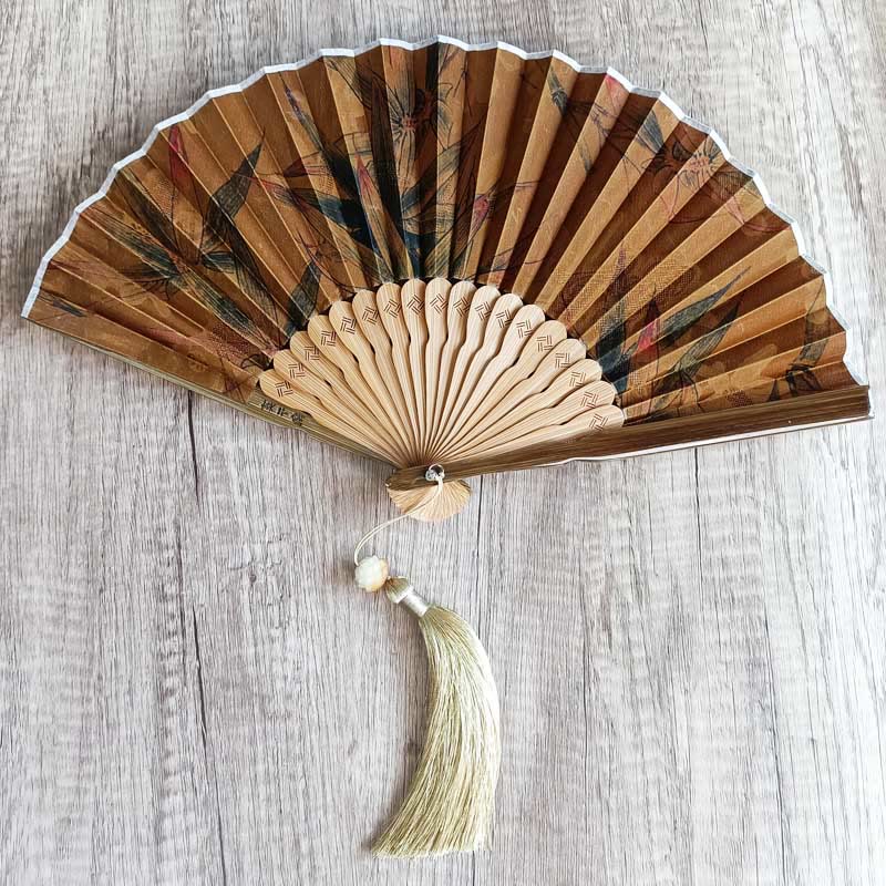 Buddhist Blessing Flower Persimmon Bamboo Leaves Xiangyunsha Silk Handheld Bamboo Folding Fan