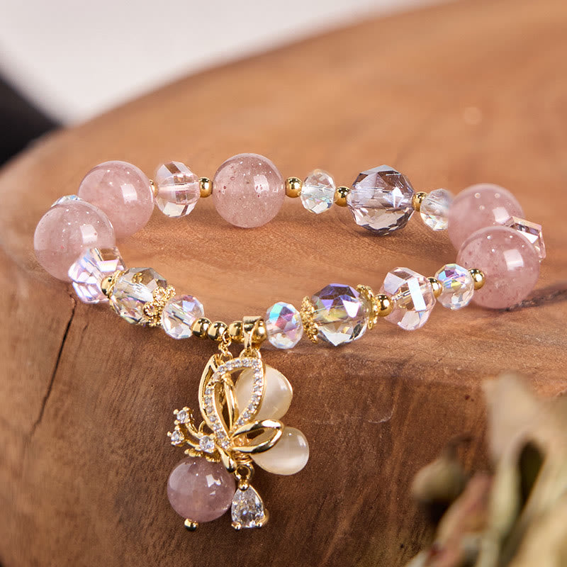 Buddhist Blessing Natural Strawberry Quartz Butterfly Healing Bracelet