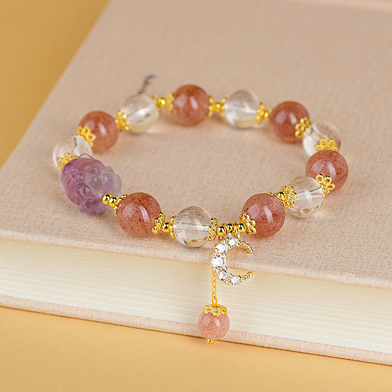 Buddhist Blessing Natural White Strawberry Quartz Crystal Healing Love Nine Tailed Fox Moon Pendant Bracelet