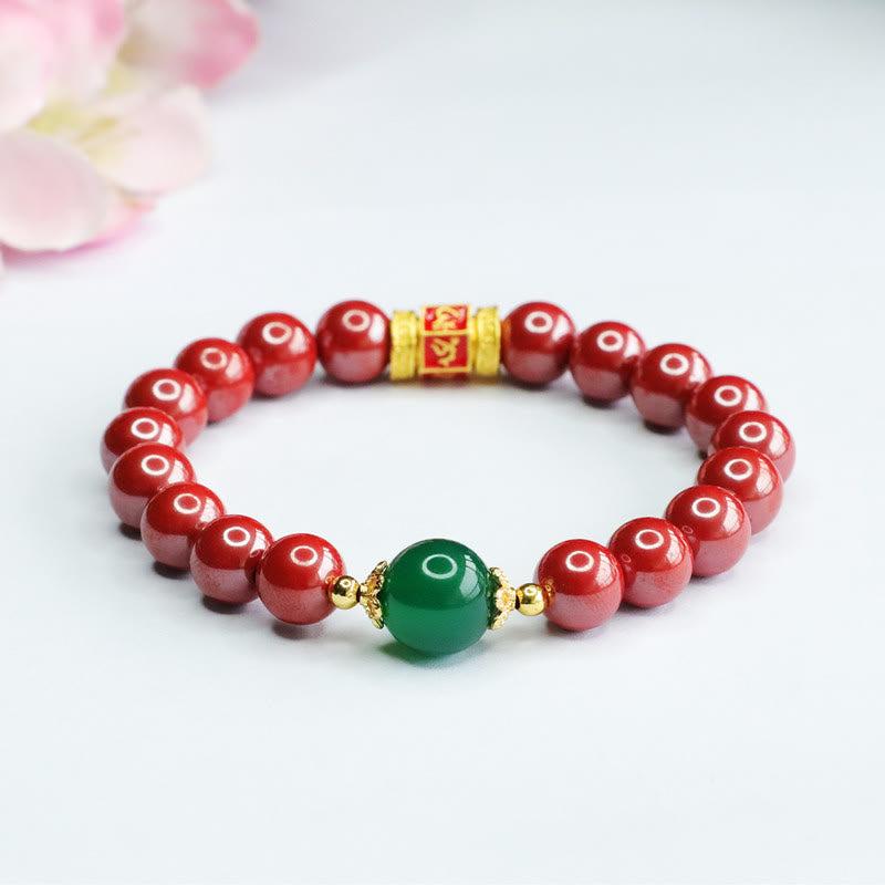 Buddhist Blessing Natural Cinnabar Green Agate Om Mani Padme Hum Pattern Blessing Bracelet