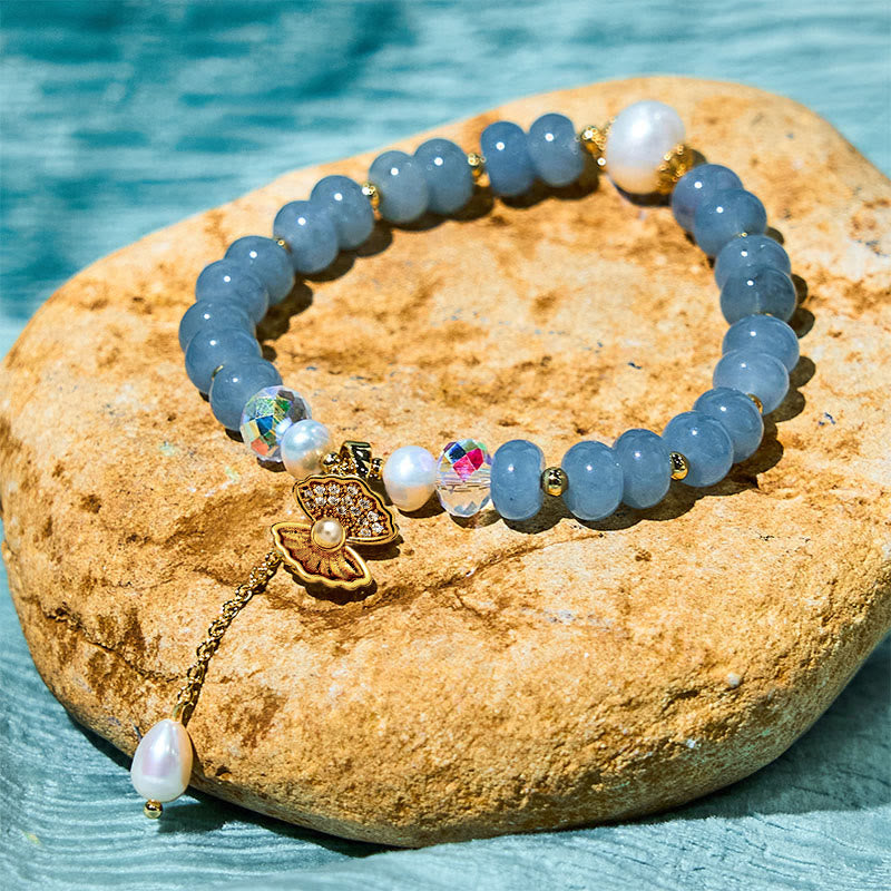 Buddhist Blessing Natural Aquamarine Pearl Shell Healing Bead Bracelet