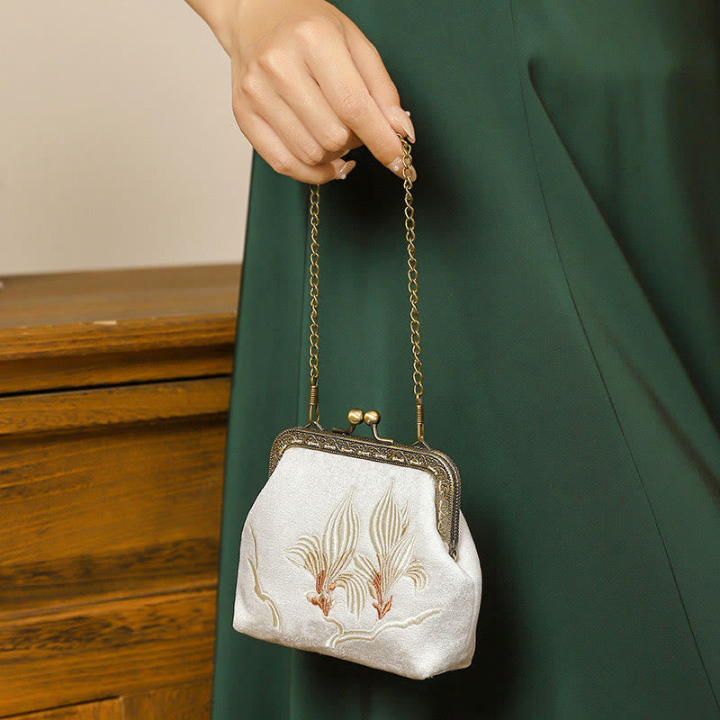 Buddhist Blessing Orchids Oriental Cherry Butterfly Embroidery Metal Handle Handbag
