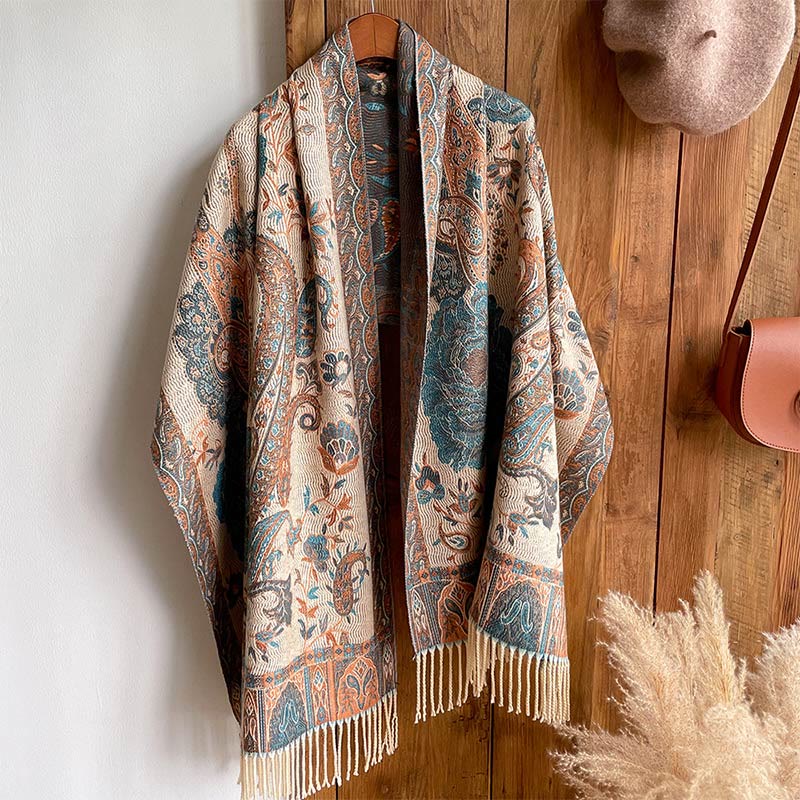 Buddhist Blessing Tibetan Cashew Peony Flowers Vine Tassels Shawl Fall Winter Cozy Scarf Wrap