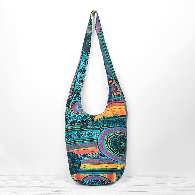 Buddhist Blessing Blue Flower Pattern Cotton Crossbody Bag Shoulder Bag