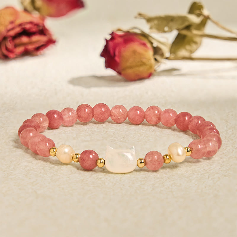 Buddhist Blessing Strawberry Quartz Pearl Cat Rabbit Healing Bracelet