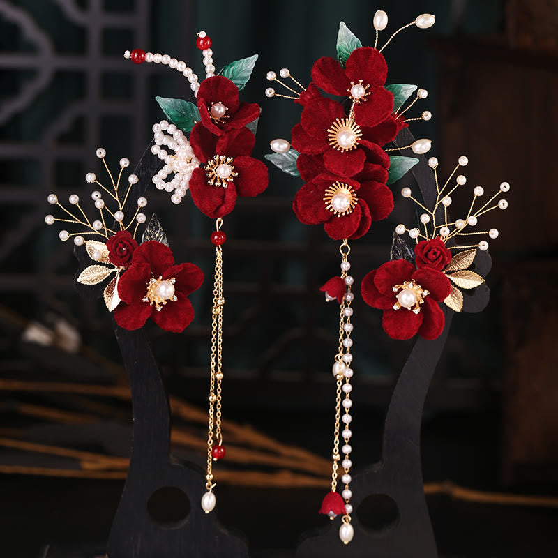 Buddhist Blessing Antiquity Red Flowers Pearl Tassel Hair Clip Set