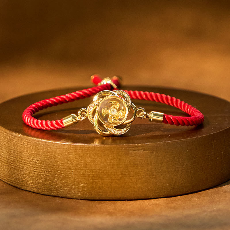 Buddhist Blessing Rotatable Plum Red String Copper Brass Windmill Feng Sheng Shui Qi Protection Braided Bracelet