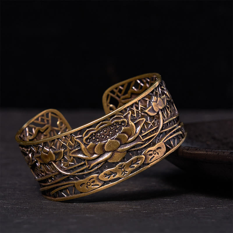 Buddhist Blessing Hollow Lotus Silver Plated Copper Healing Enlightenment Bracelet Bangle