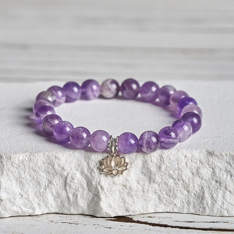 Buddhist Blessing 925 Sterling Silver Amethyst Lotus Design Natural Balance Bead Bracelet