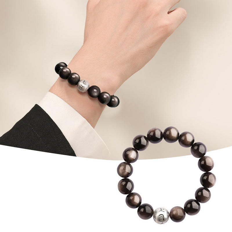 Buddhist Blessing Natural Silver Sheen Obsidian Om Mani Padme Hum Protection Bracelet