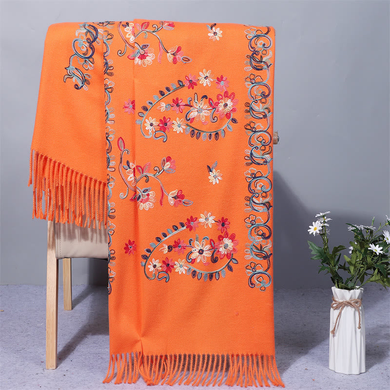 Buddhist Blessing Polyester Shawl Colorful Flower Ethnic Style Embroidery Tassel Winter Cozy Travel Scarf Wrap