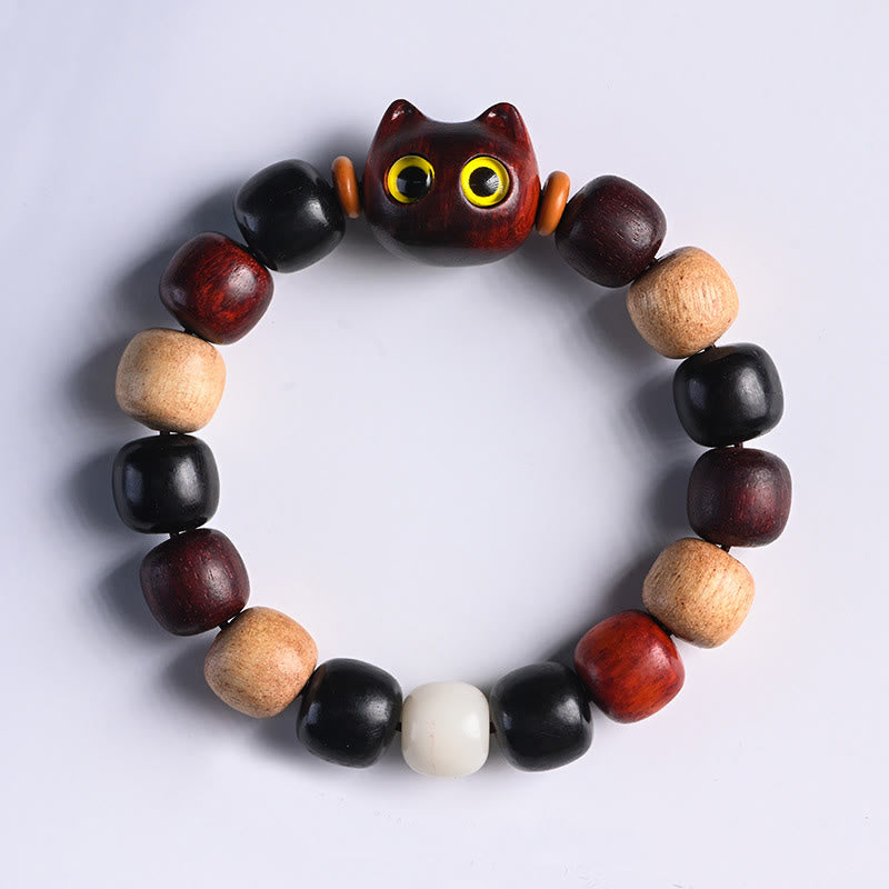 Buddhist Blessing Small Leaf Red Sandalwood Ebony Wood Cute Cat Engraved Protection Bracelet