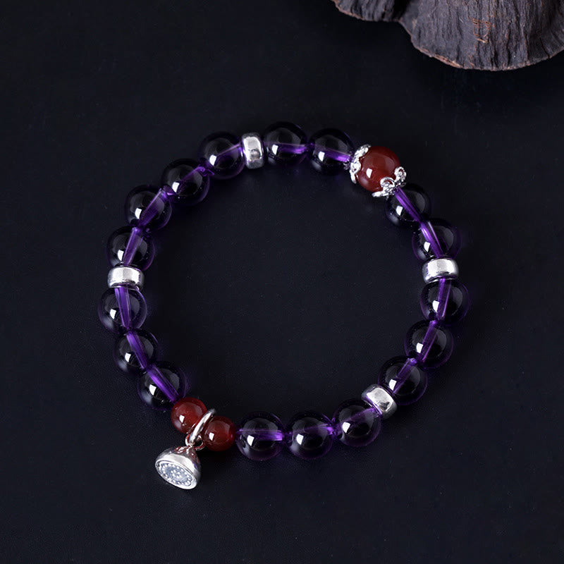 Buddhist Blessing 925 Sterling Silver Natural Amethyst Red Agate Lotus Positive Bracelet