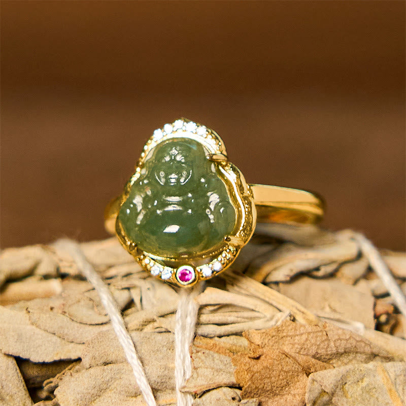 Buddhist Blessing Natural Hetian Jade Egg Gourd Copper Laughing Buddhist Blessing Open Luck Ring