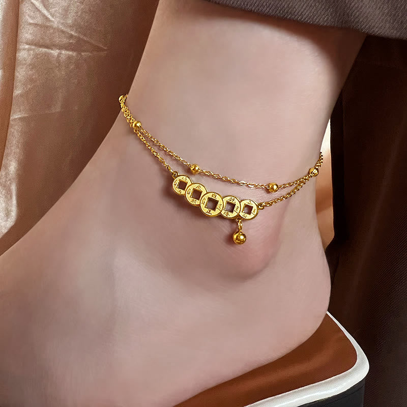 Buddhist Blessing Copper Coins Attract Wealth Titanium Steel Anklet