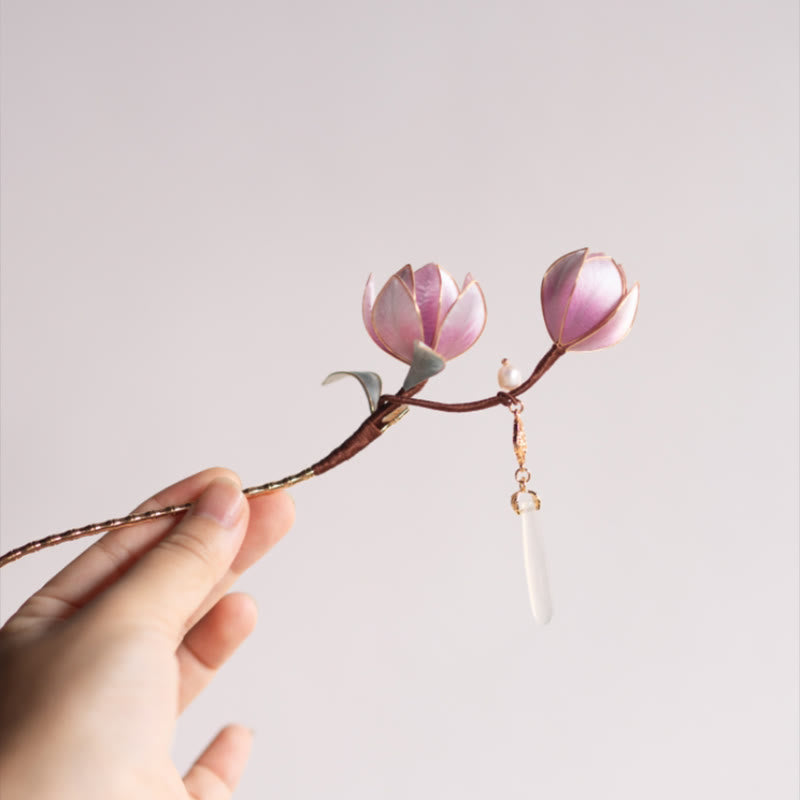 Buddhist Blessing Handmade Yangzhou Velvet Flower Mulberry Silk Purple Magnolia Brooch Hairpin