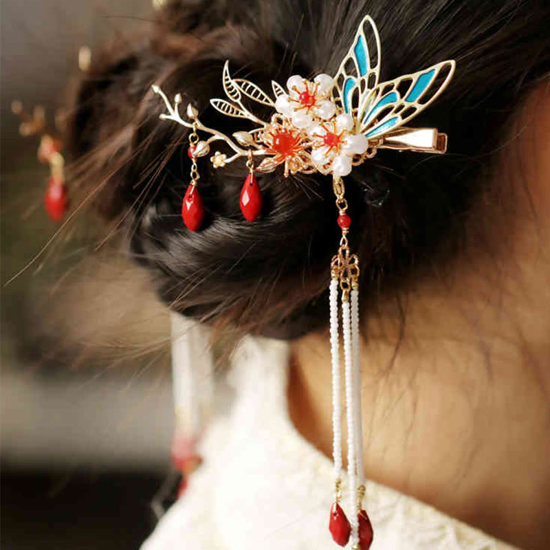 Buddhist Blessing Classical Chinese Style Flower Branche Butterfly Pearl Tassel Hair Clip Hair Comb Hair Crown