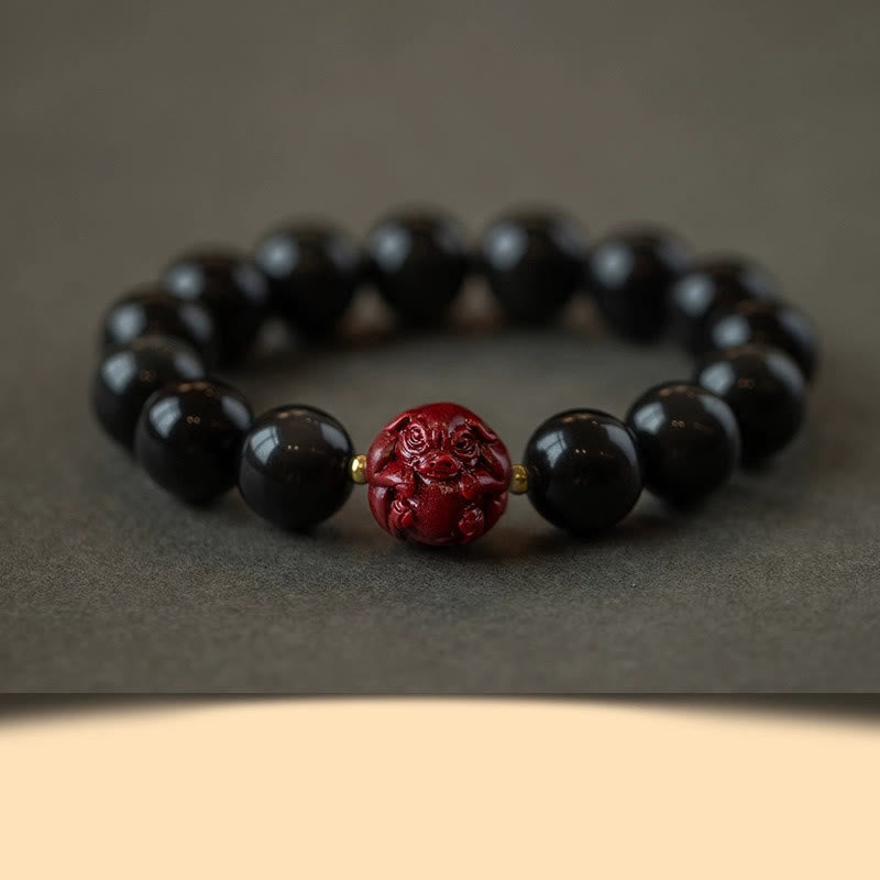 Buddhist Blessing Chinese Zodiac Natural Black Obsidian Cinnabar Purification Bracelet