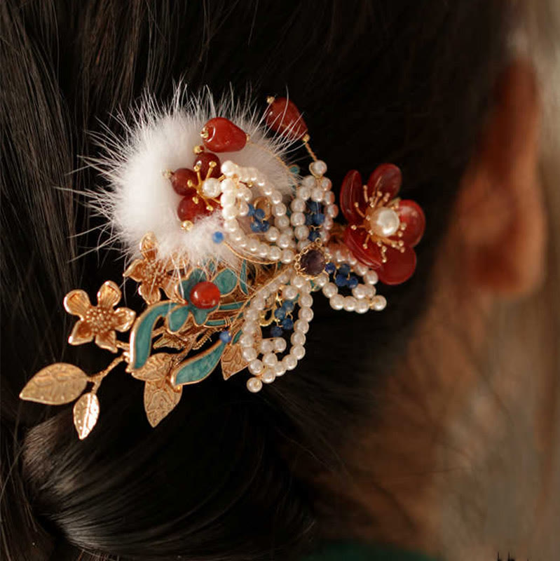 Buddhist Blessing Classical Chinese Style Red Flower Butterfly Pearl Hair Clip