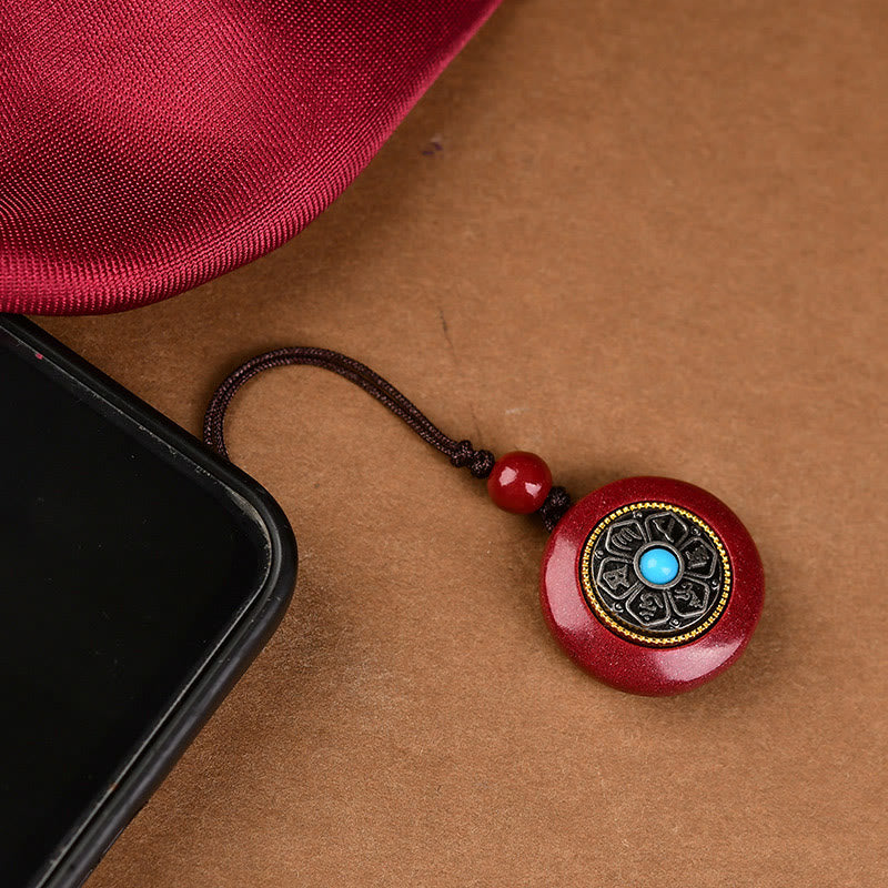 Buddhist Blessing Natural Cinnabar Six True Words 'Om Mani Padme Hum' Braided String Blessing Key Chain Necklace Pendant