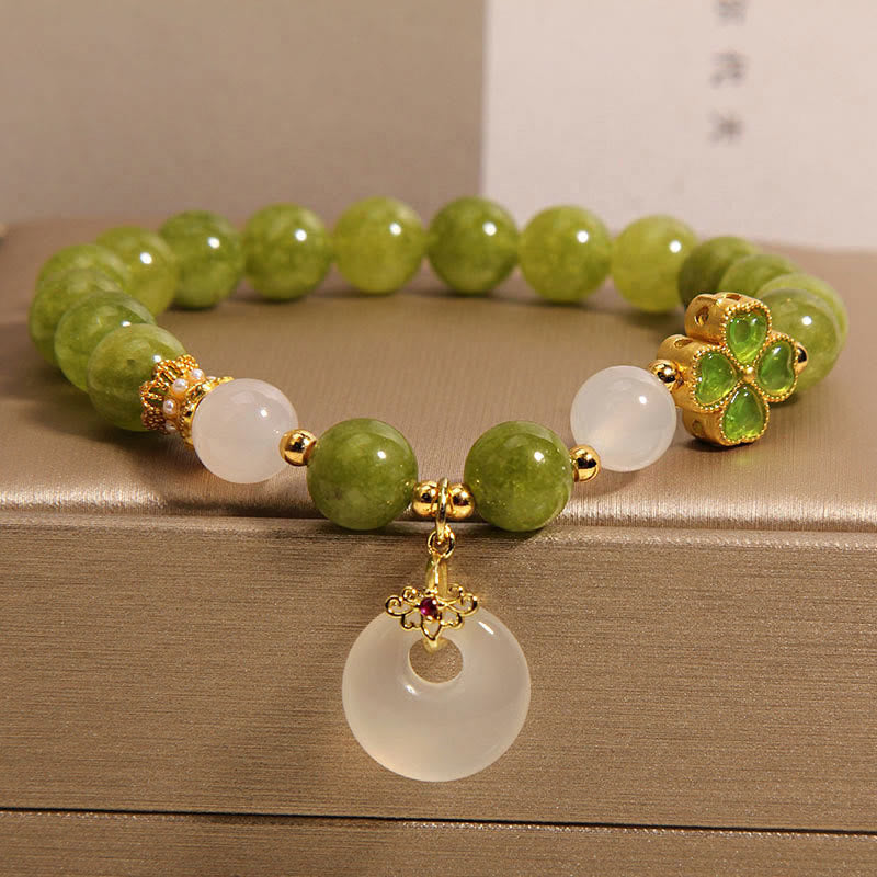 Buddhist Blessing Green Tourmaline Chalcedony Four Leaf Clover Peace Buckle Charm Wisdom Bracelet