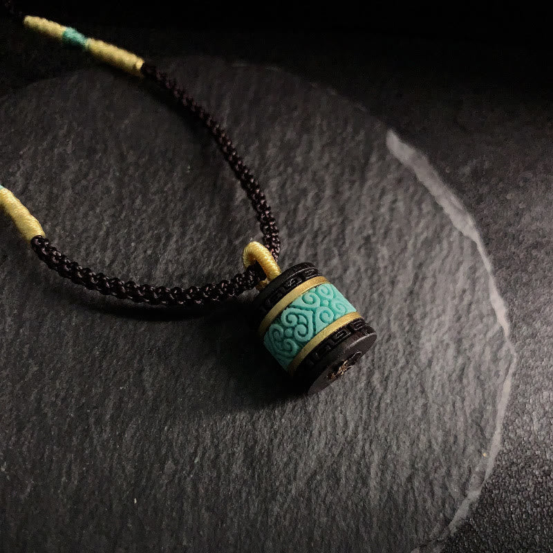 Buddhist Blessing Ebony Wood Turquoise Cylinder Peace Necklace Pendant