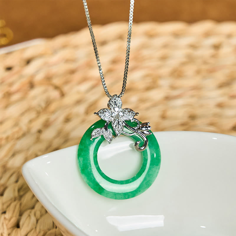 Buddhist Blessing Cyan Jade Peace Buckle Alloy Flower Healing Luck Necklace Pendant
