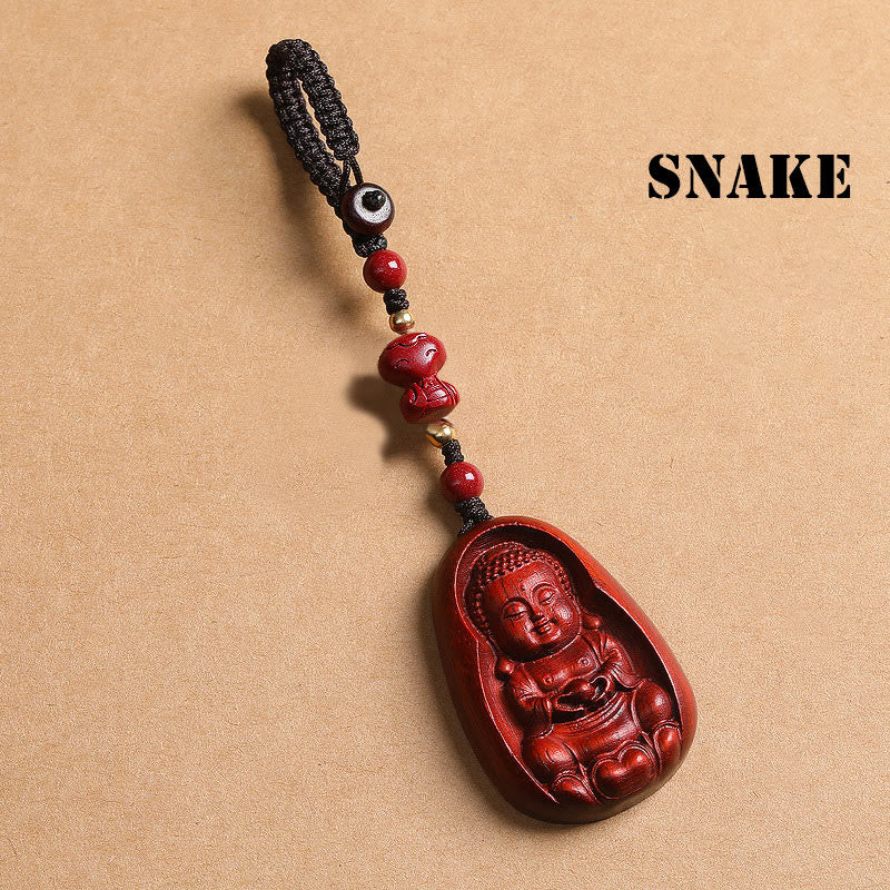 Buddhist Blessing Small Leaf Red Sandalwood Buddha Cinnabar Chinese Zodiac Amulet Protection Key Chain