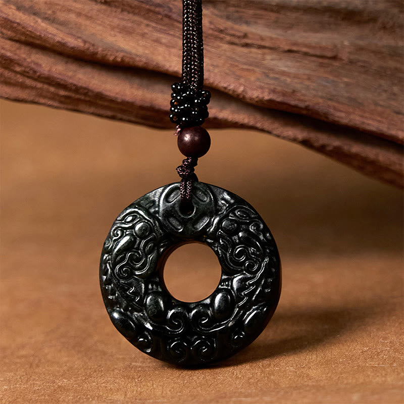 Buddhist Blessing Tibetan Nanyang Black-Green Jade PiXiu Peace Buckle Protection Necklace Pendant
