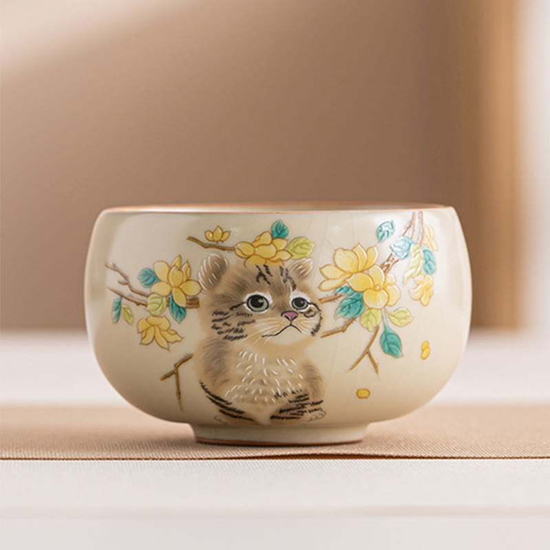 Buddhist Blessing Cute Cat Yellow Flowers Rabbit Teacup Kung Fu Tea Cup