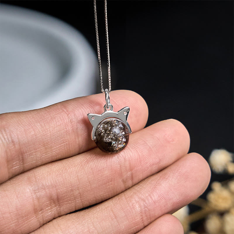 Buddhist Blessing 925 Sterling Silver Natural Black Super Seven Crystal Cat Necklace Pendant