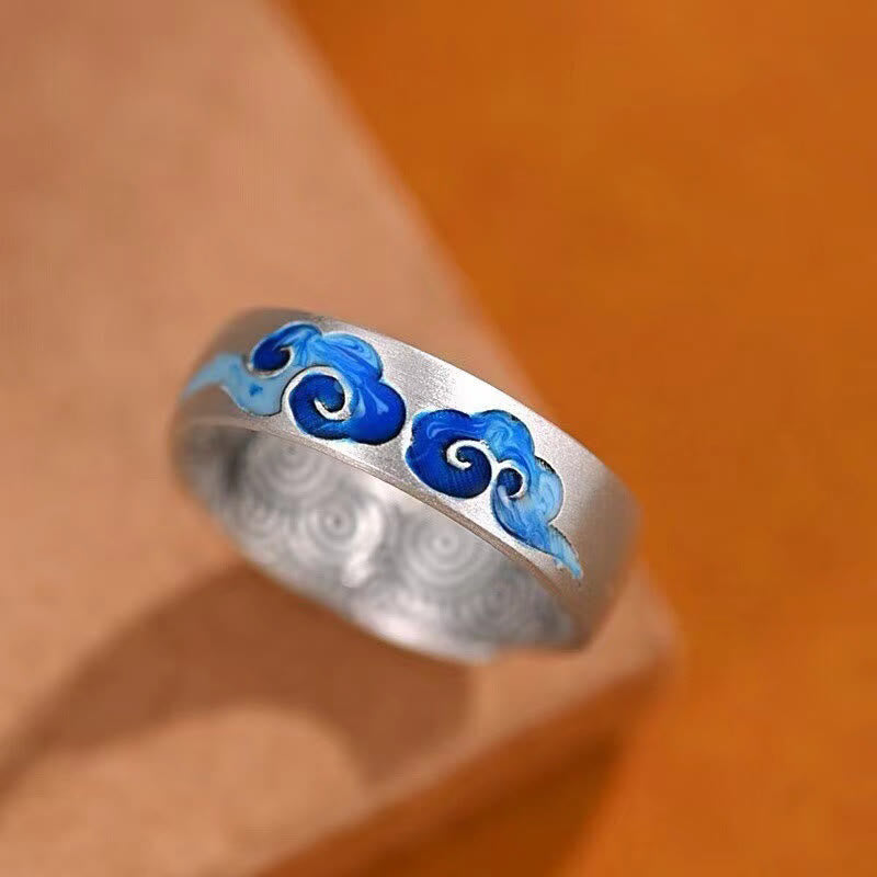 Buddhist Blessing Blue Auspicious Clouds Pattern Wealth Copper Adjustable Ring