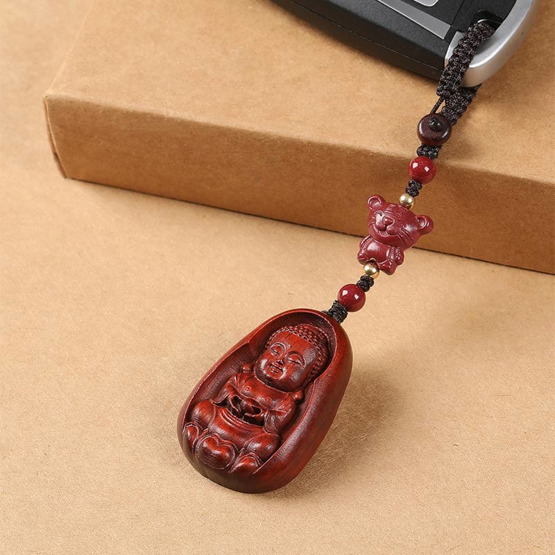 Buddhist Blessing Small Leaf Red Sandalwood Buddha Cinnabar Chinese Zodiac Amulet Protection Key Chain