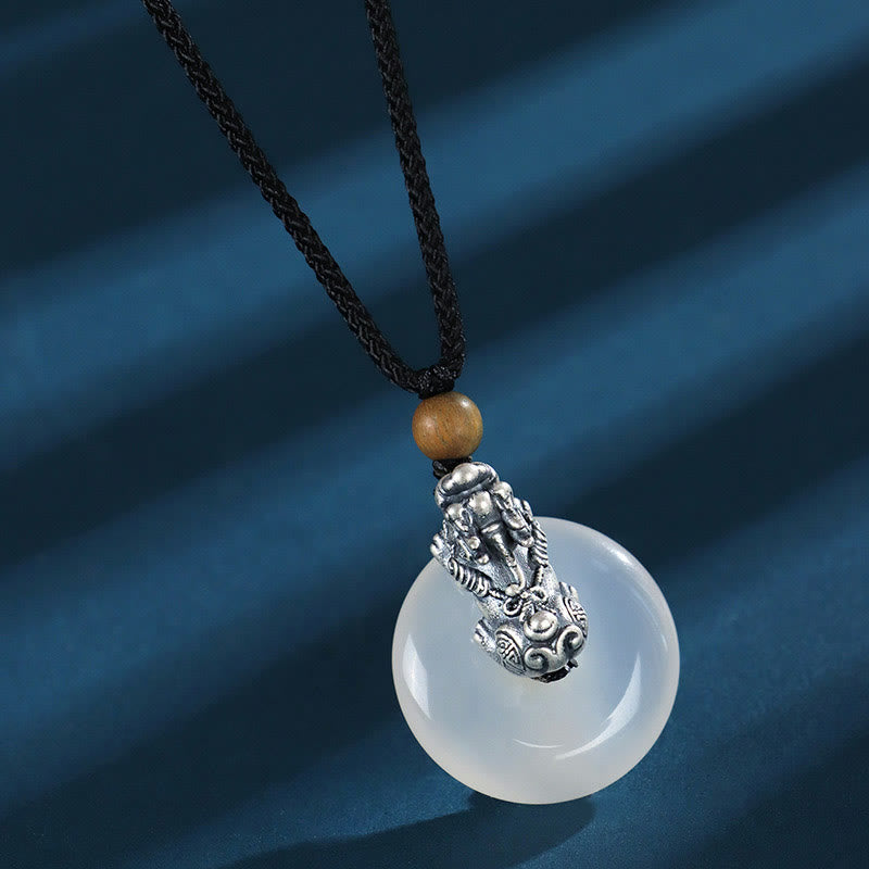 Buddhist Blessing White Agate 999 Sterling Silver Black Onyx Green Sandalwood Pi Xiu Peace Buckle Six True Words Necklace Pendant