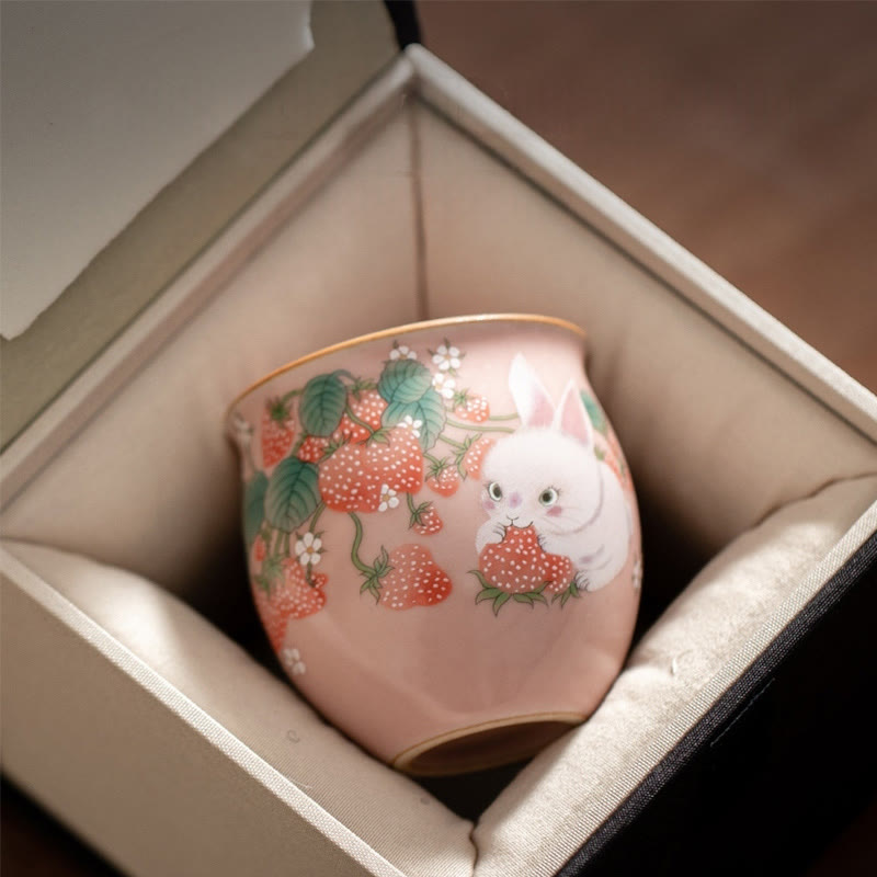Buddhist Blessing Small Strawberry Rabbit Teacup Kung Fu Tea Cup 90ml With Gift Box