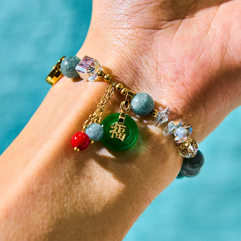 Buddhist Blessing Strawberry Quartz Jade Fu Character Charm Healing Bracelet