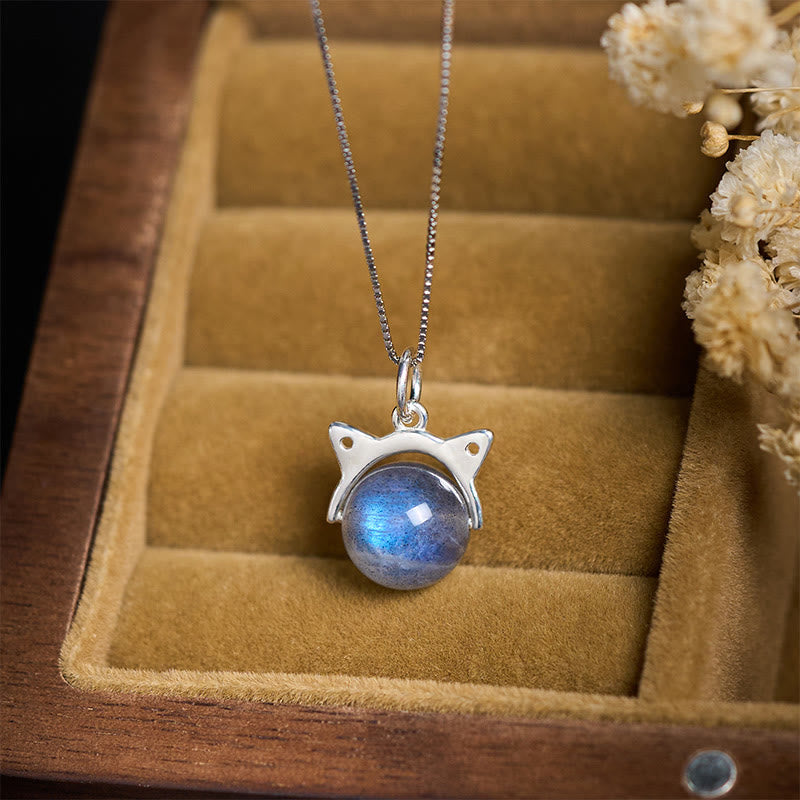 Buddhist Blessing 925 Sterling Silver Moonstone Cat Healing Necklace Pendant