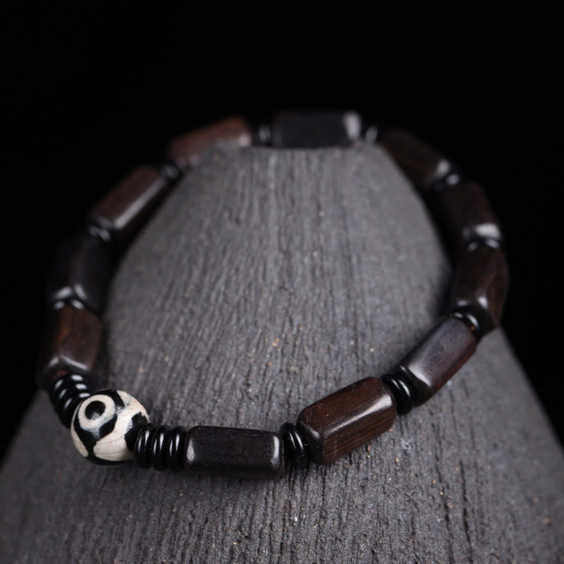 Buddhist Blessing Ebony Wood Rectangular Beads Dzi Bead Balance Bracelet
