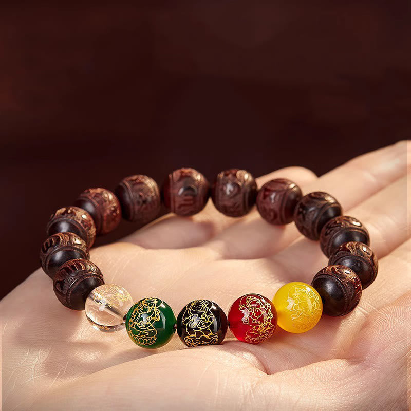 Buddhist Blessing Small Leaf Red Sandalwood Five Directions Gods of Wealth Calm Bracelet