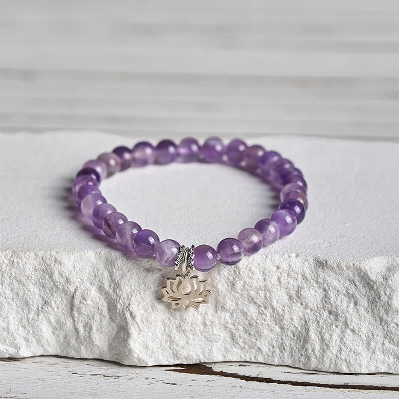 Buddhist Blessing 925 Sterling Silver Amethyst Lotus Design Natural Balance Bead Bracelet