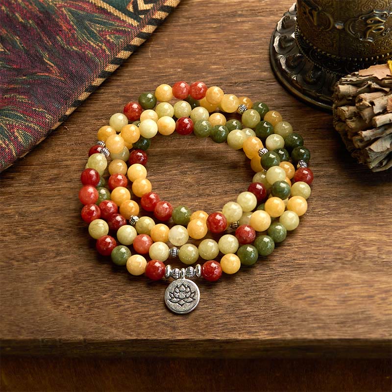 Buddhist Blessing 108 Mala Beads Natural Colored Stone Topaz Red Jasper Green Jasper Lotus Protection Bracelet