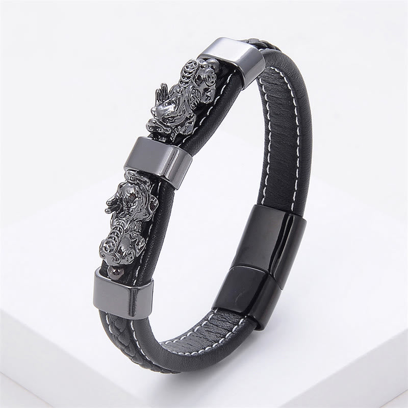 Buddhist Blessing Double PiXiu Wealth Luck Leather Magnetic Buckle Bracelet