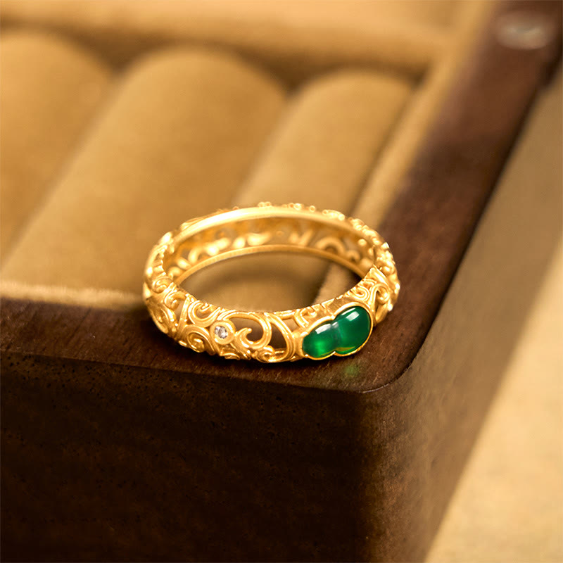 Buddhist Blessing Vintage Gourd Green Chalcedony Copper Alloy Wealth Ring