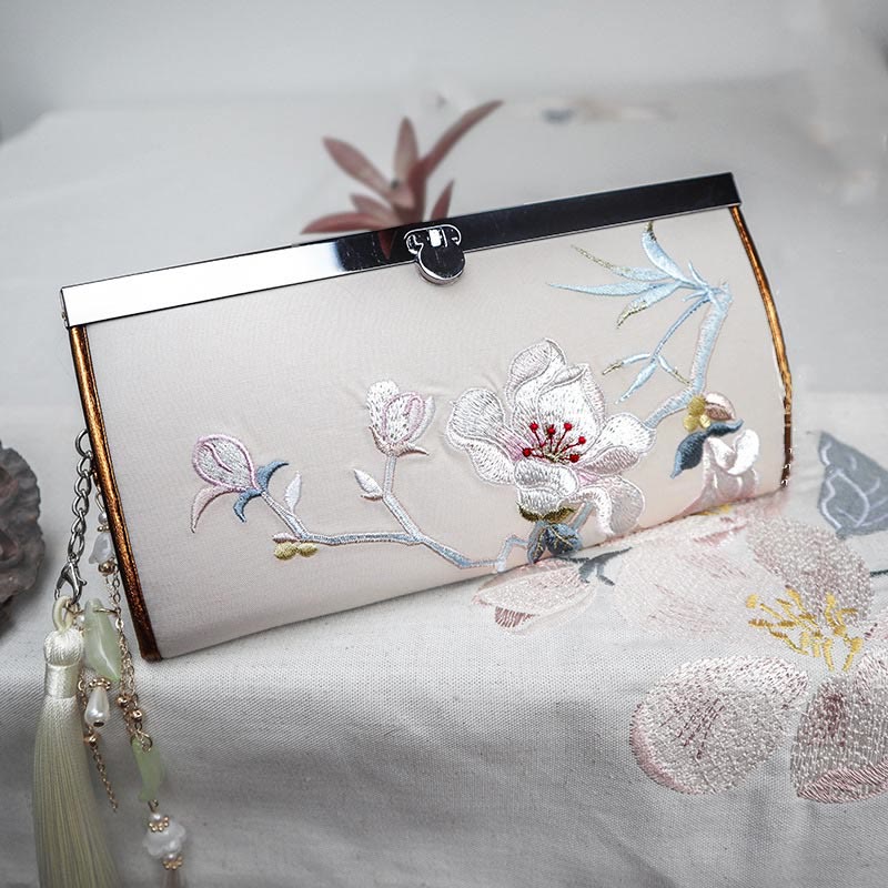 Buddhist Blessing Magnolia Flower Double-sided Embroidery Large Capacity Cash Holder Wallet Shopping Purse