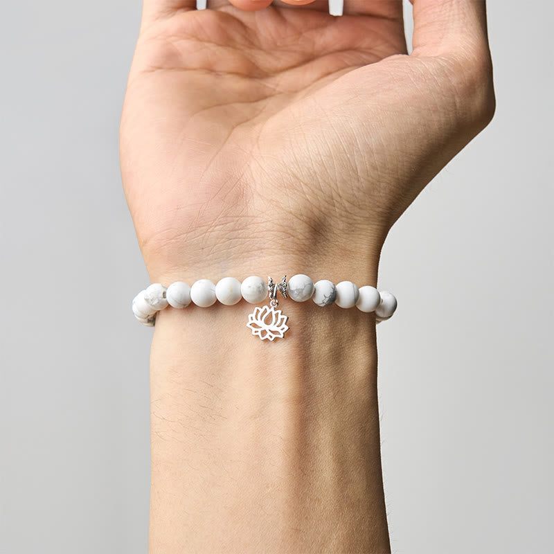 Buddhist Blessing 925 Sterling Silver Lotus Design Natural White Turquoise Wealth Bracelet
