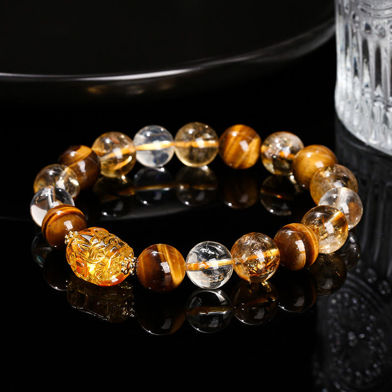 Buddhist Blessing Natural Yellow Tiger Eye Citrine Beeswax Pixiu Strength Bracelet