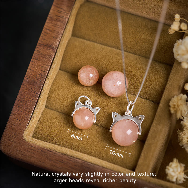 Buddhist Blessing 925 Sterling Silver Natural Orange Moonstone Cat Healing Necklace Pendant