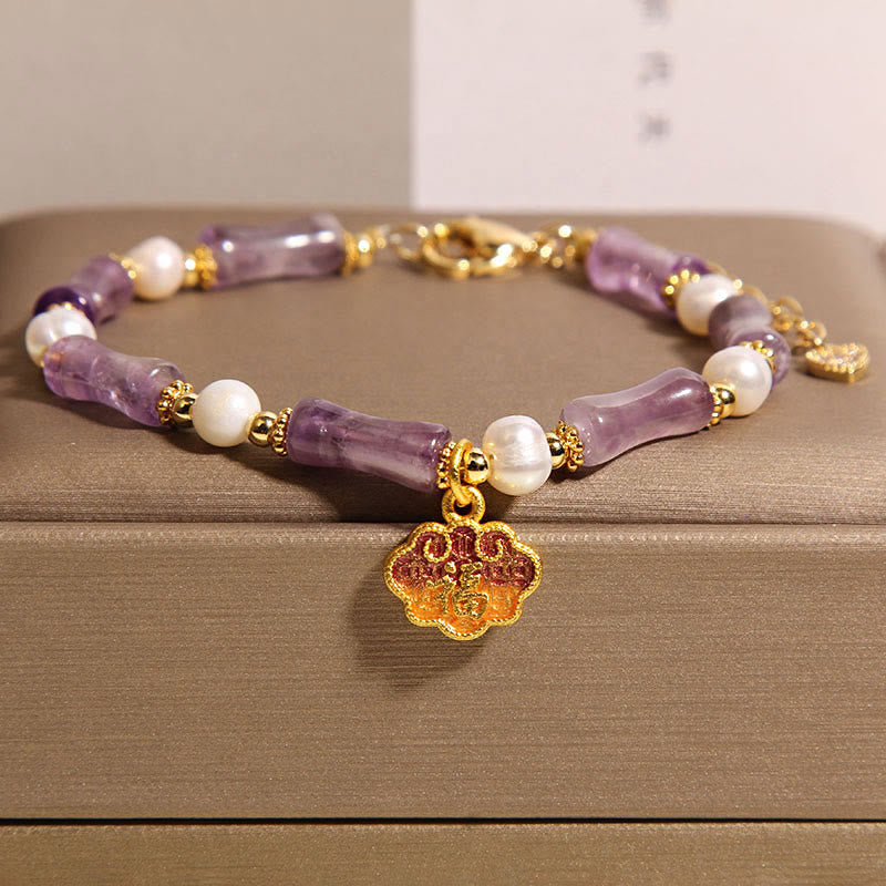 Buddhist Blessing Natural Peace Lock Bamboo Shape Fu Character Amethyst Pearl Balance Bracelet